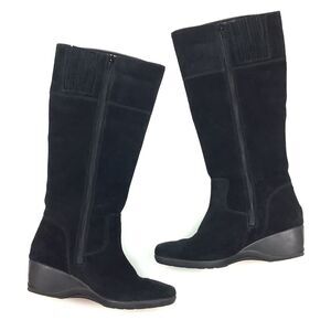 Clarks Black Suede Leather Knee-High Boots Women 8.5 Wedge Heel Zip Up Lined